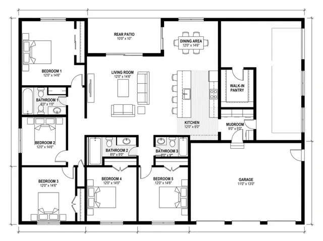 Floor Plan Creator: barndominium 5bed
